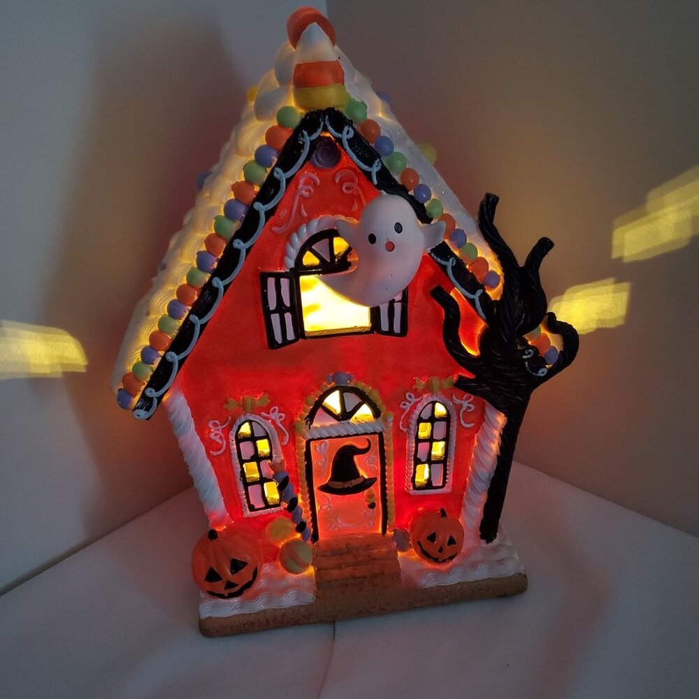 Ghoulish Halloween Gingerbread House ORANGE Frosted CandyFast LED Light Up Decor
